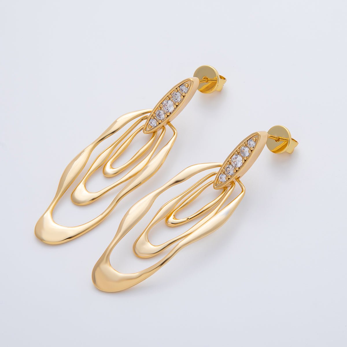 18K Gold Filled 50mm Micro Paved CZ Wavy Molten Oval Drop Stud Earrings | AD1590 - DLUXCA