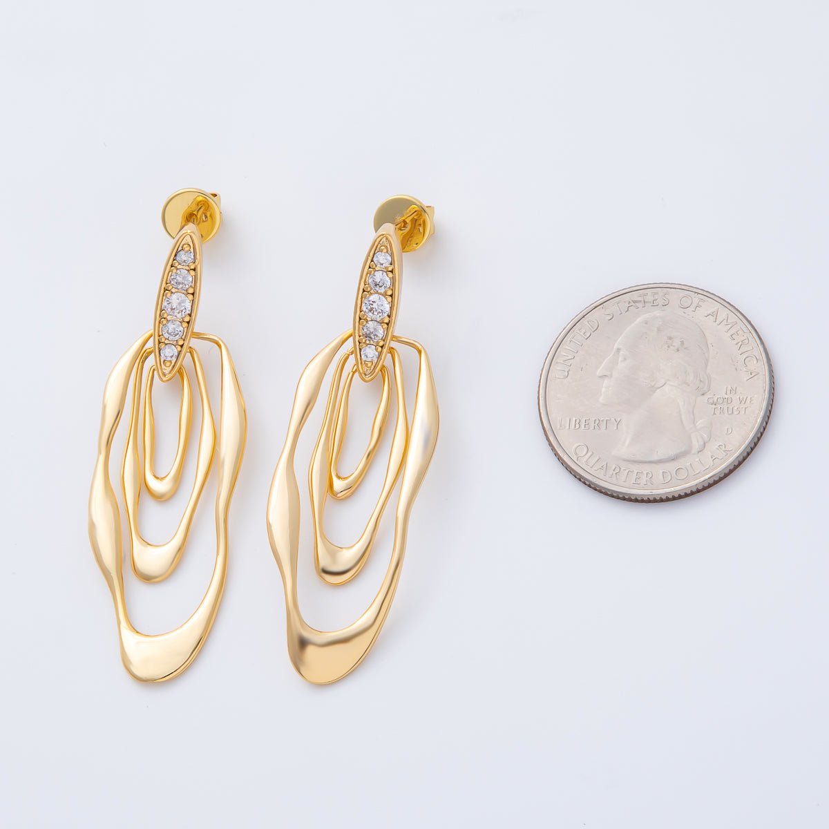 18K Gold Filled 50mm Micro Paved CZ Wavy Molten Oval Drop Stud Earrings | AD1590 - DLUXCA