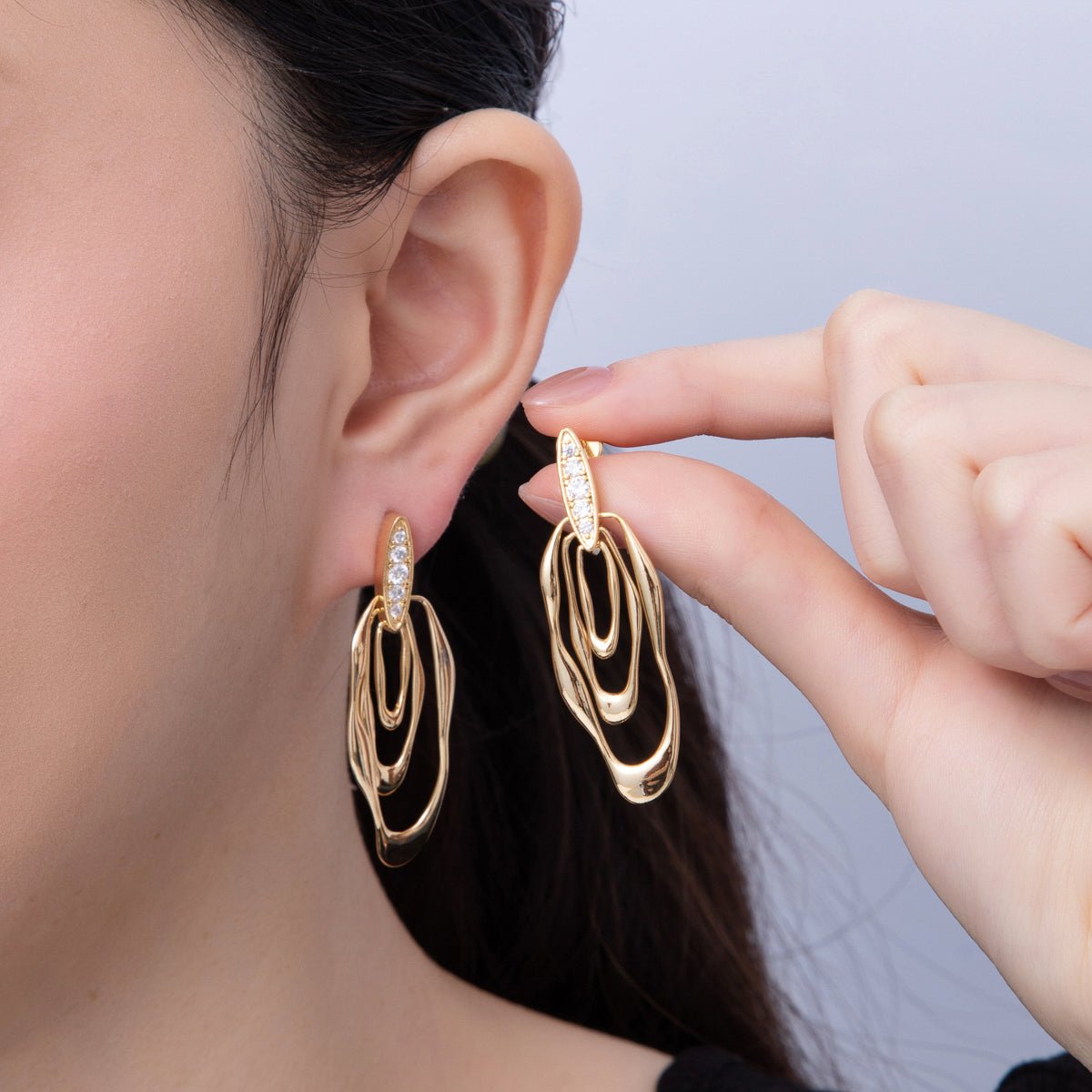 18K Gold Filled 50mm Micro Paved CZ Wavy Molten Oval Drop Stud Earrings | AD1590 - DLUXCA