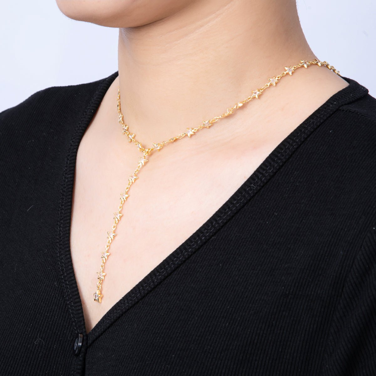 18K Gold Filled 5.5mm Clear CZ Celestial Star Chain 18.5 Inch Lariat Necklace w. Extender | WA - 04197 - DLUXCA