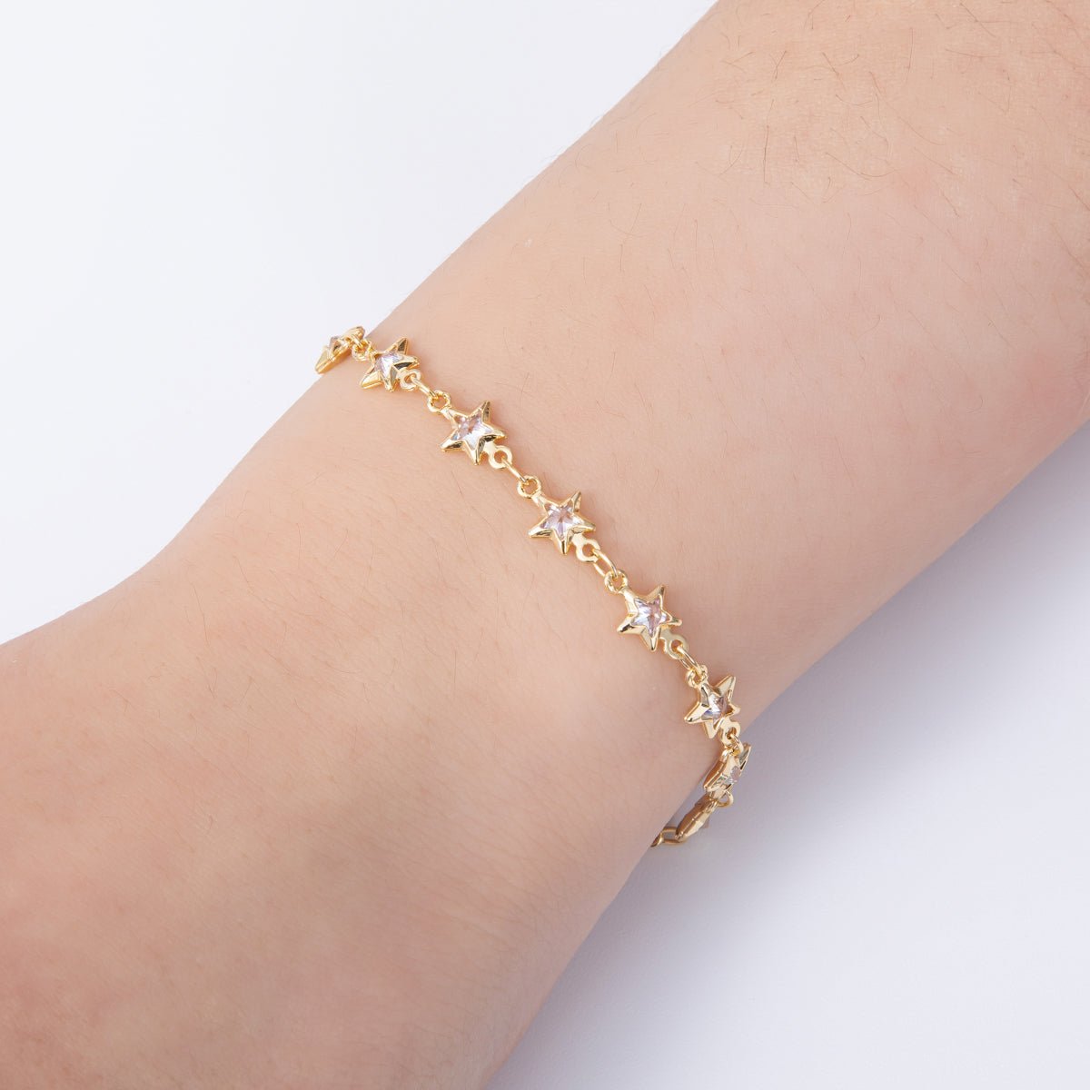 18K Gold Filled 5.5mm Clear CZ Celestial Star Chain 7 Inch Bracelet w. Extender | WA - 04199 - DLUXCA