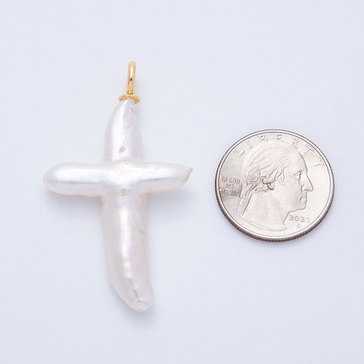 18K Gold Filled 55mm White Freshwater Pearl Religious Cross Pendant | Charms - 00434 - DLUXCA