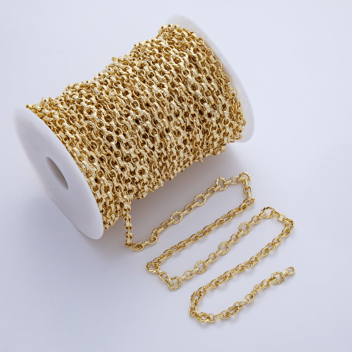 18K Gold Filled 5.5mm x 6.7mm Croissant Prism Hammered Cable Link Unfinished Chain by Yard | Roll - 1771 - DLUXCA