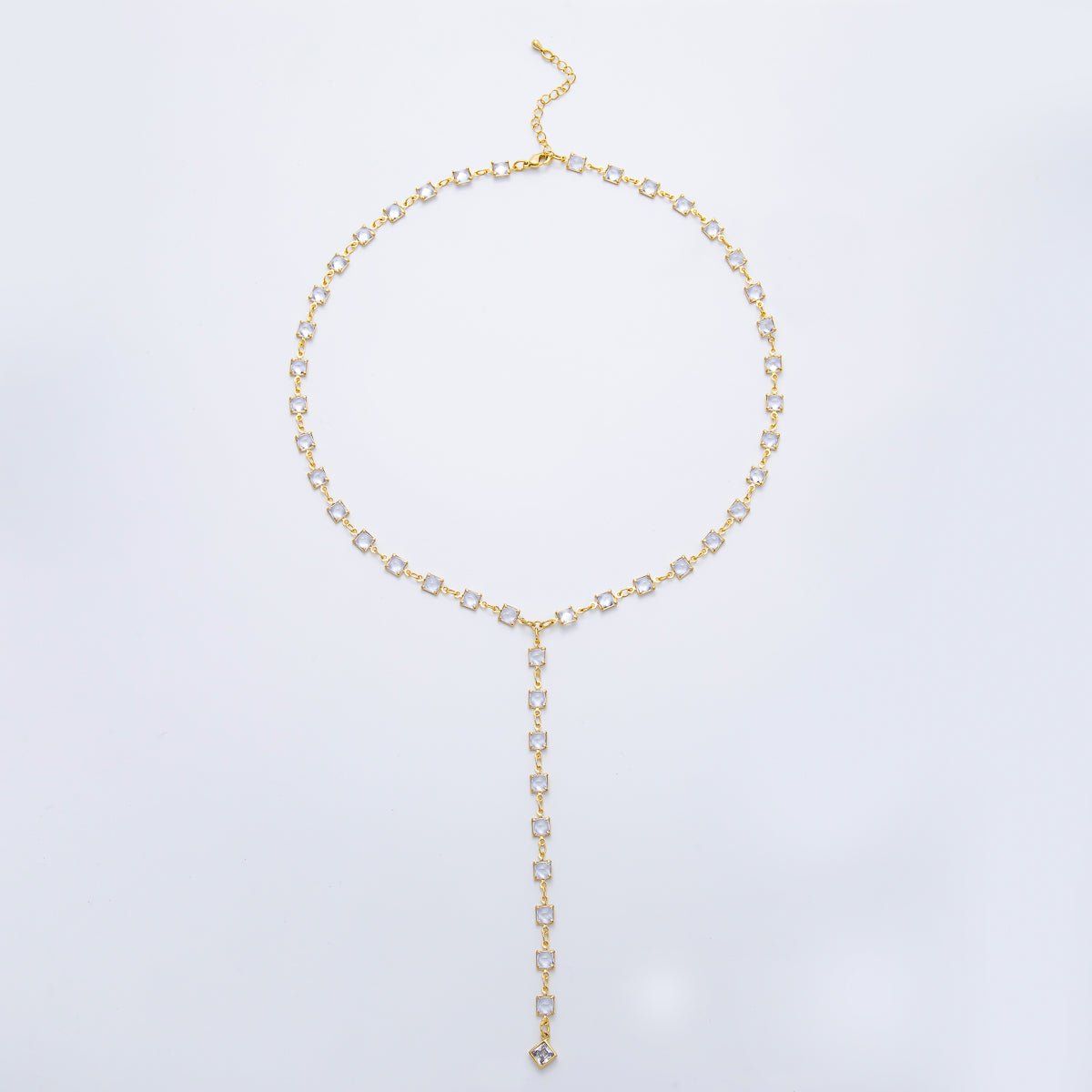 18K Gold Filled 5.7mm Clear, Multicolor Square CZ Chain 19 Inch Lariat Necklace w. Extender | WA - 3273 WA - 3274 - DLUXCA