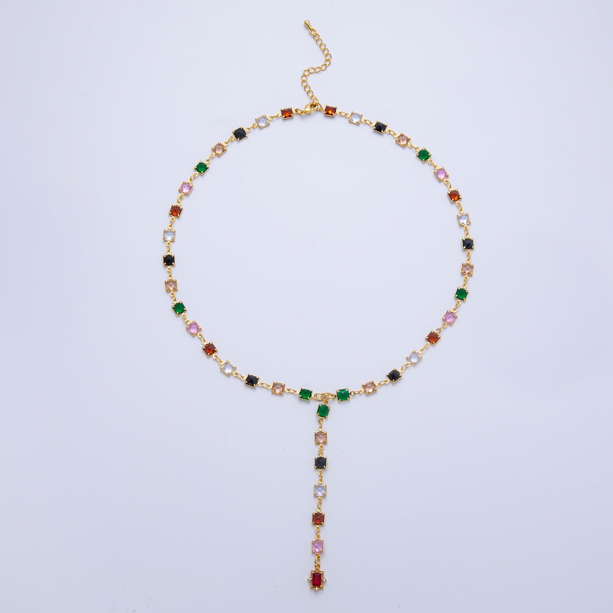 18K Gold Filled 5.7mm Multicolor Square CZ Gemstone Lariat 18 Inch Necklace w. Extender | WA - 3940 - DLUXCA