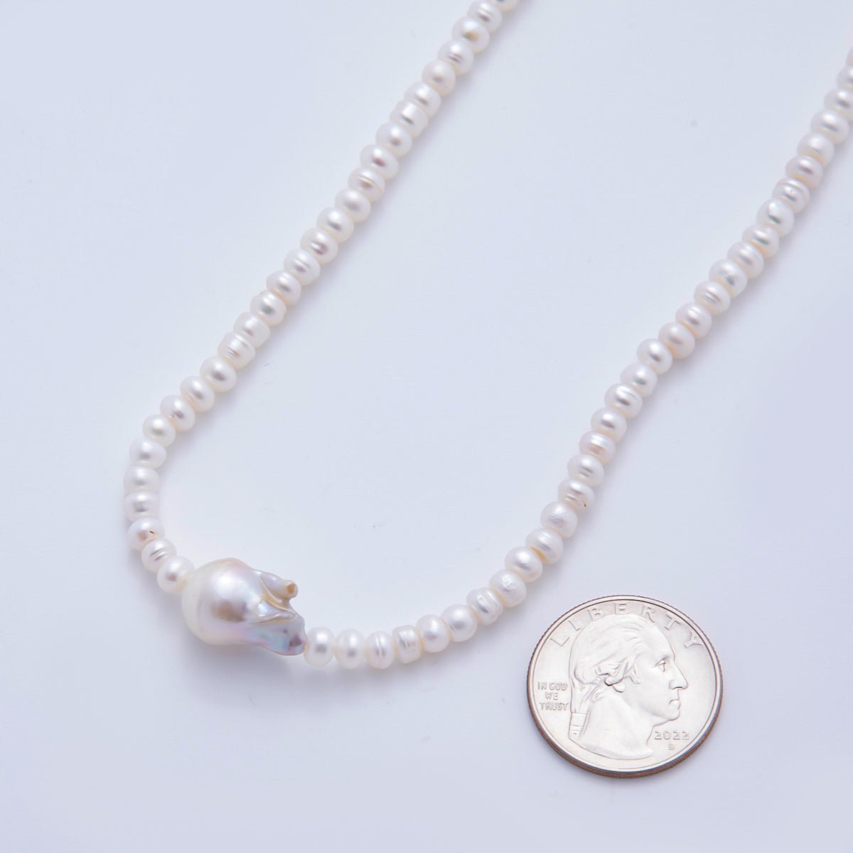 18K Gold Filled 5mm Baroque Pearl Center Freshwater Pearl Necklace 15.6 Inches + Extender | WA - A3473 - DLUXCA