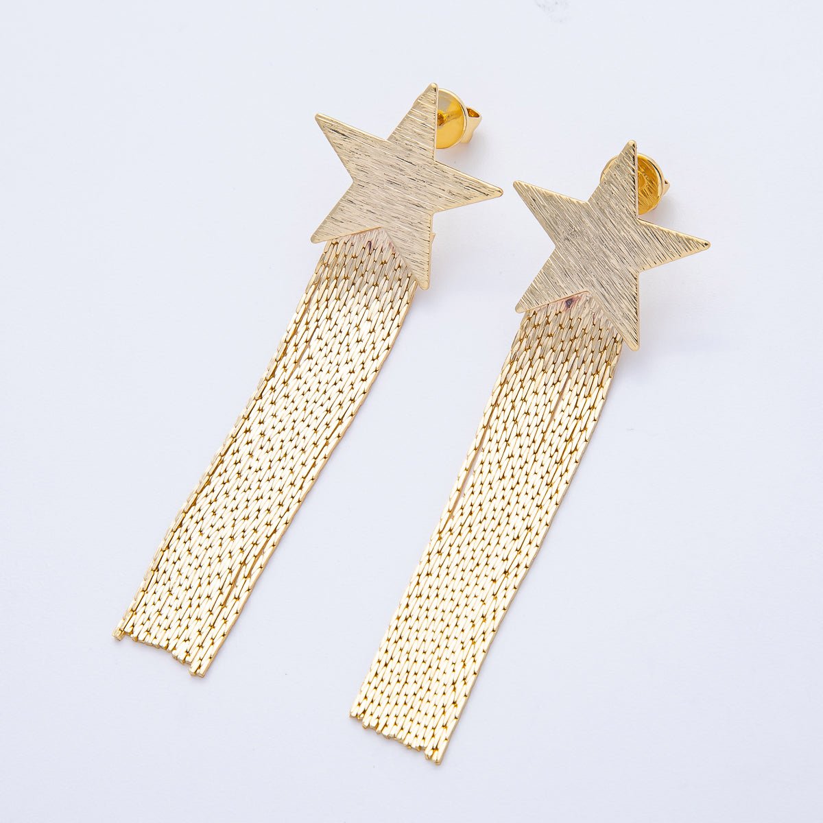 18K Gold Filled 63.3mm Textured Star Snake Chain Fringe Drop Stud Earrings | T488 - DLUXCA