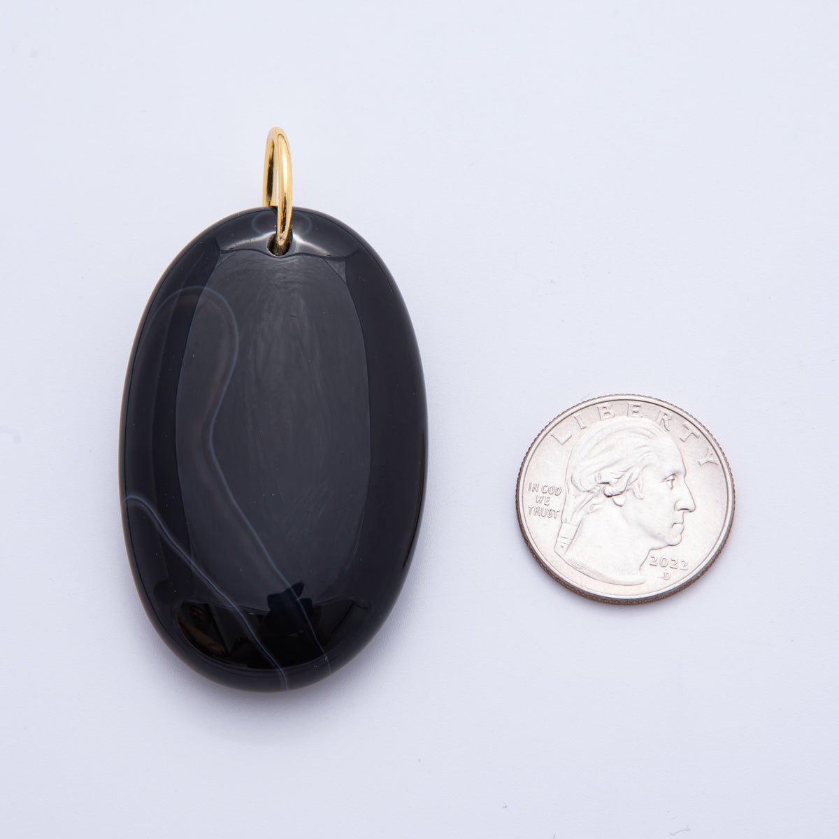 18K Gold Filled 64mm Black Agate Gemstone Long Oval Charm | E521 - DLUXCA