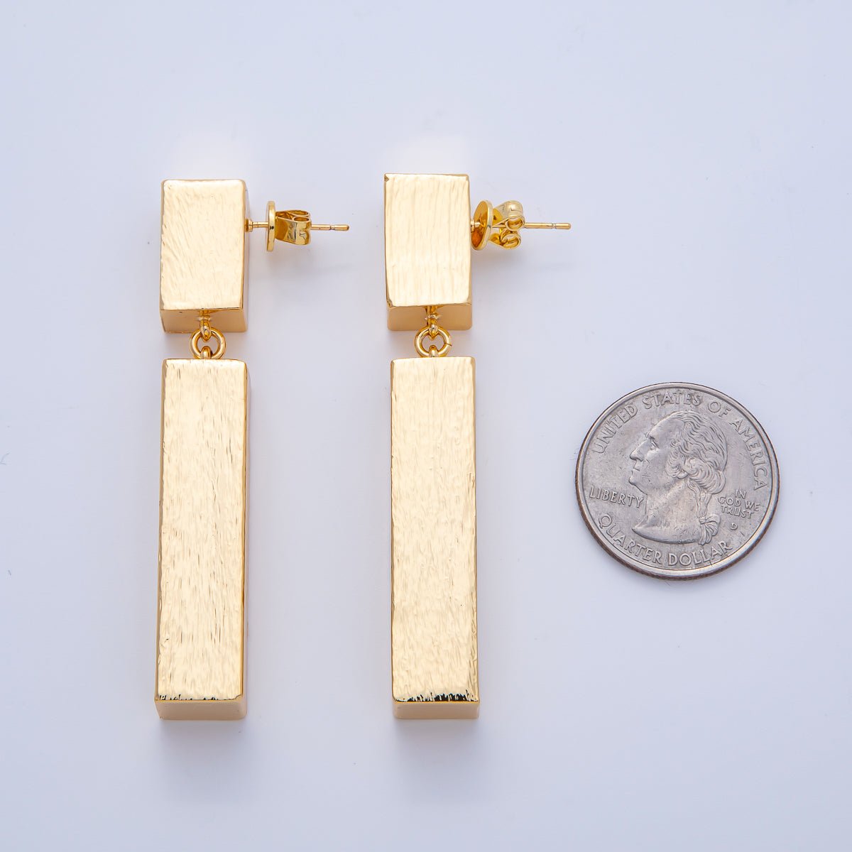 18K Gold Filled 64mm Textured Tube Geometric Drop Stud Earrings | AE314 - DLUXCA