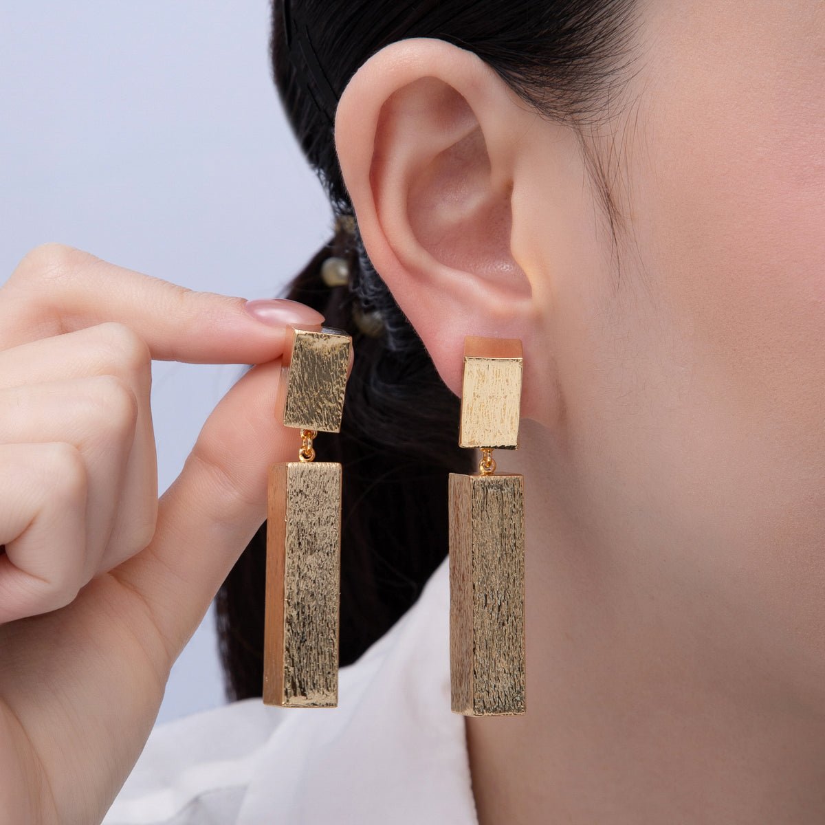 18K Gold Filled 64mm Textured Tube Geometric Drop Stud Earrings | AE314 - DLUXCA