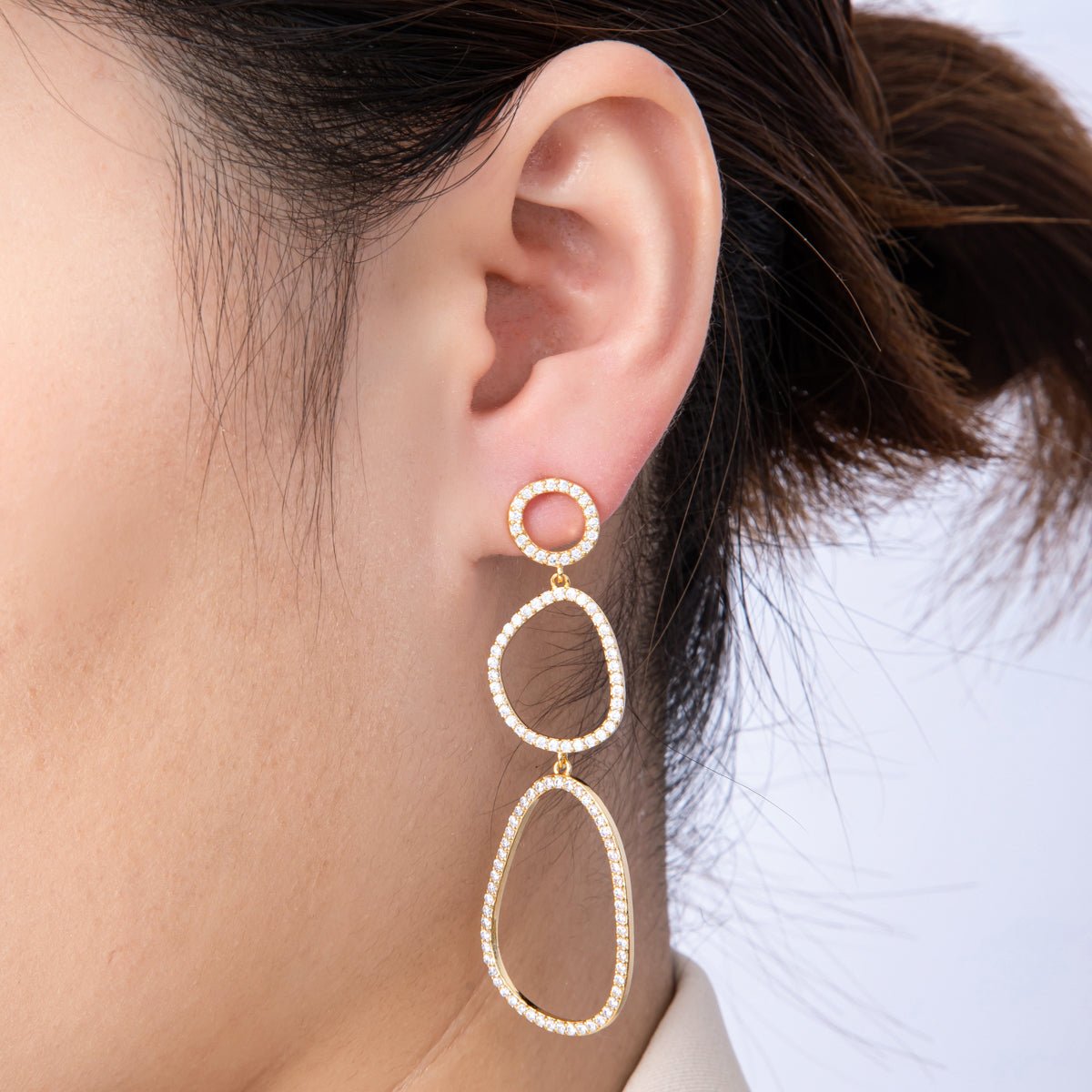 18K Gold Filled 66mm Micro Paved CZ Open Irregular Geometric Drop Studs | Earrings - 00204 - DLUXCA