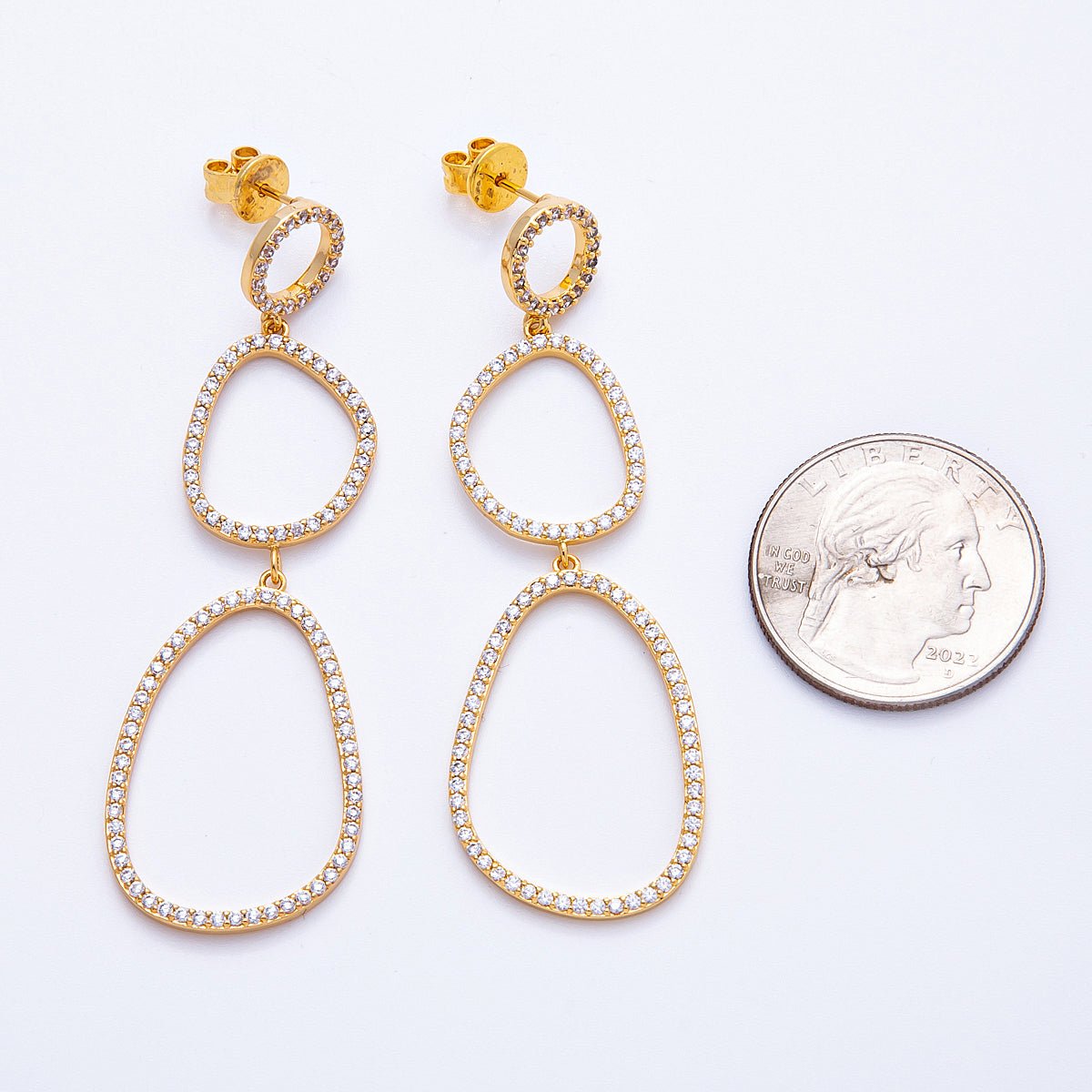 18K Gold Filled 66mm Micro Paved CZ Open Irregular Geometric Drop Studs | Earrings - 00204 - DLUXCA