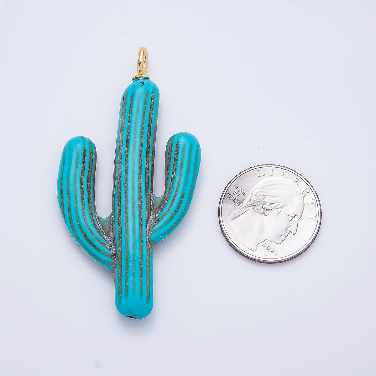 18K Gold Filled 67mm Turquoise Teal Enamel Cactus Plant Pendant | Charms-00356 - DLUXCA