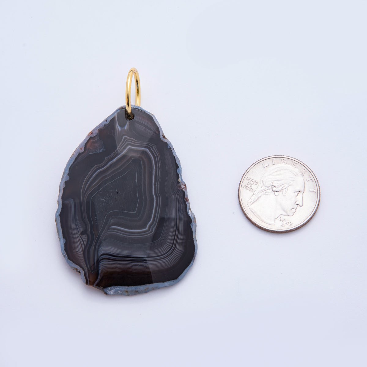 18K Gold Filled 68mm Black Agate Gemstone Raw Slice Edge Charm | E608 - DLUXCA