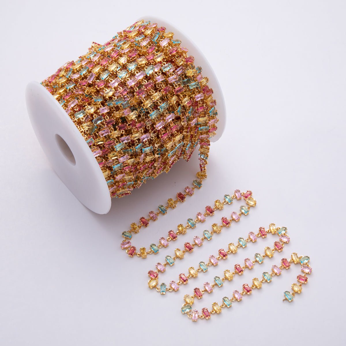 18K Gold Filled 6.8mm Multicolor Pastel Baguette CZ Gemstone Unfinished Chain by Yard | Roll - 1830 - DLUXCA