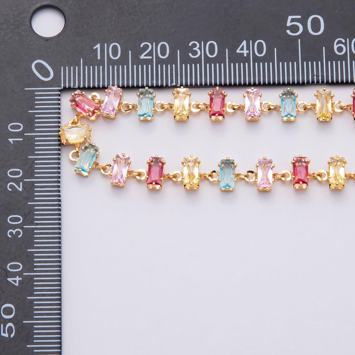 18K Gold Filled 6.8mm Multicolor Pastel Baguette CZ Gemstone Unfinished Chain by Yard | Roll - 1830 - DLUXCA