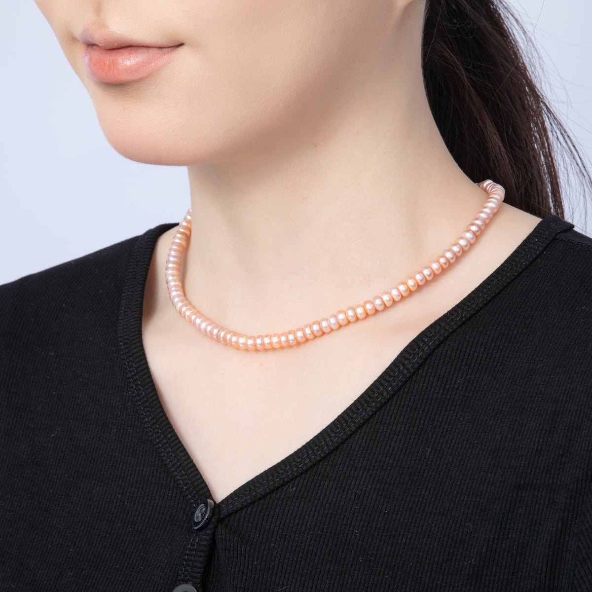 18K Gold Filled 6mm Pink Natural Shell Pearl Rondelle Bead 15.5 Inch Choker Necklace | WA - 4055 - DLUXCA