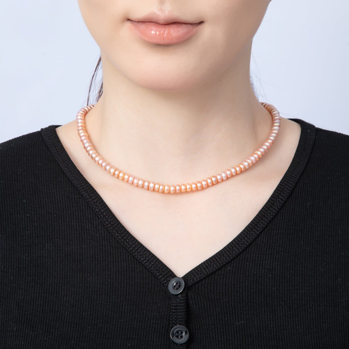 18K Gold Filled 6mm Pink Natural Shell Pearl Rondelle Bead 15.5 Inch Choker Necklace | WA - 4055 - DLUXCA