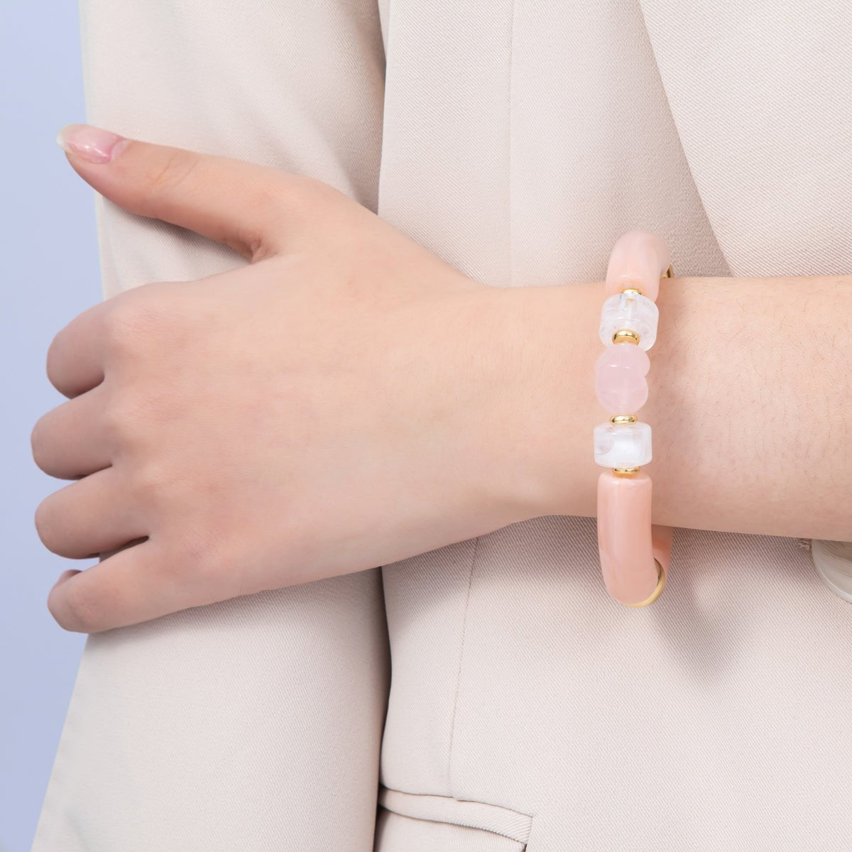 18K Gold Filled 6mm Rose Quartz Gemstone Heart Bead Stretch Bracelet | WA - 04140 - DLUXCA