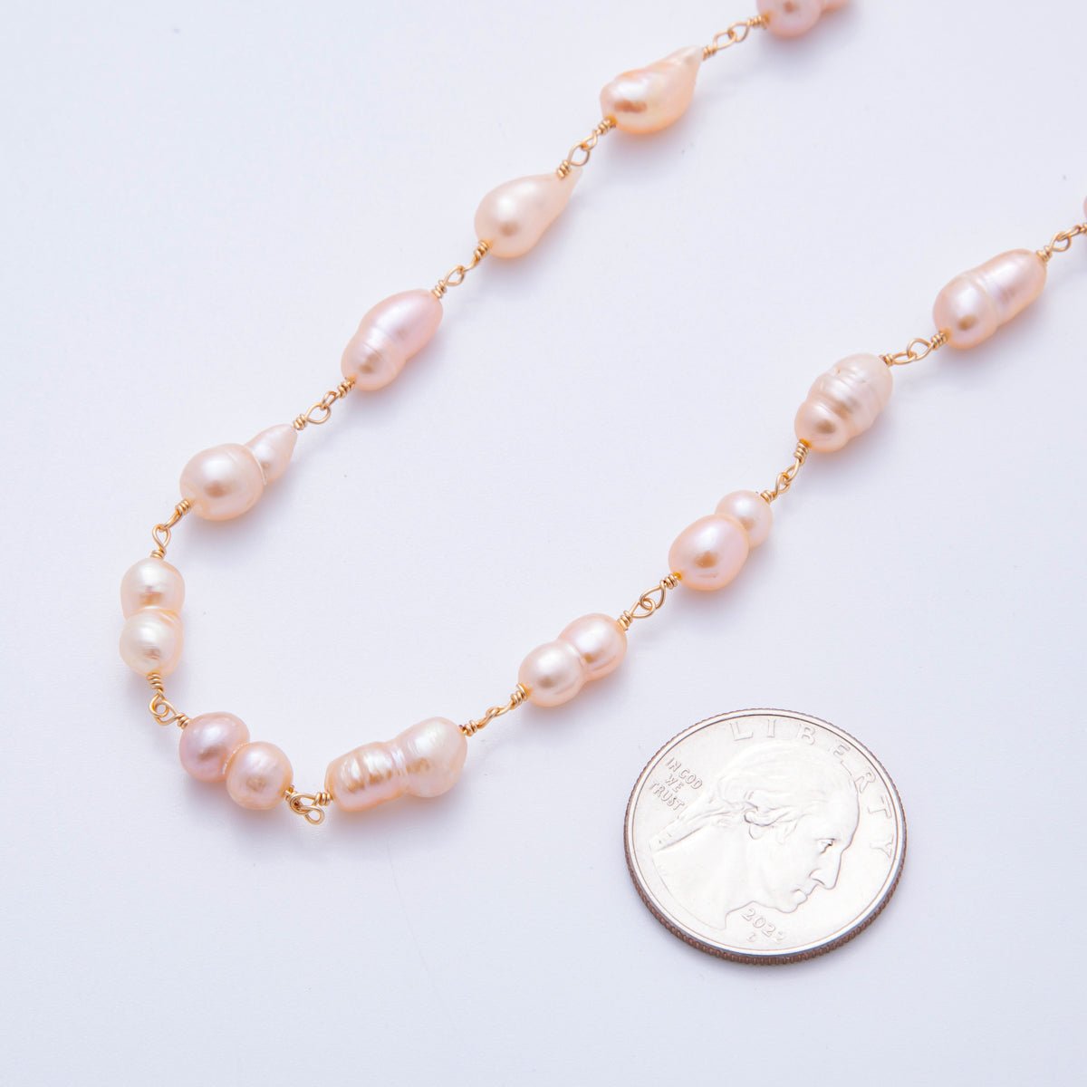 18K Gold Filled 6mm Unfinished Pink Ringed Potato Pearl Rosary Chain by Yard | ROLL - 01707 - DLUXCA