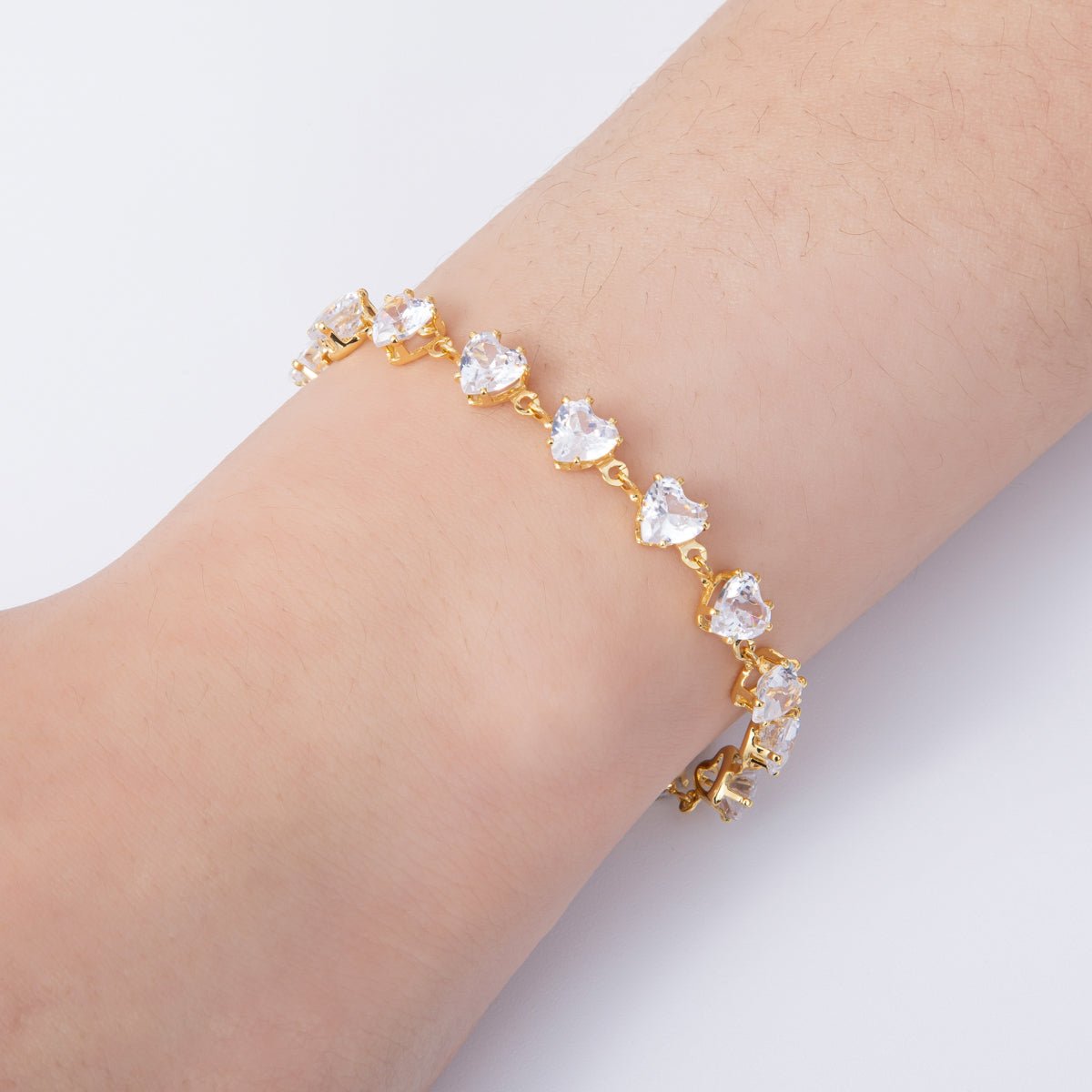 18K Gold Filled 7mm Clear, Pink CZ Heart Tennis Chain 7 Inch Bracelet | WA - 04216 WA - 04217 - DLUXCA