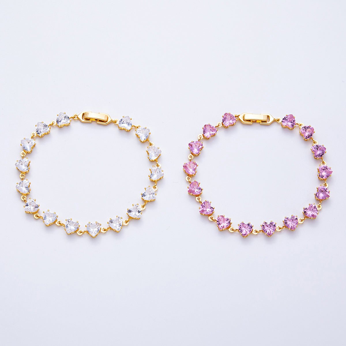 18K Gold Filled 7mm Clear, Pink CZ Heart Tennis Chain 7 Inch Bracelet | WA - 04216 WA - 04217 - DLUXCA