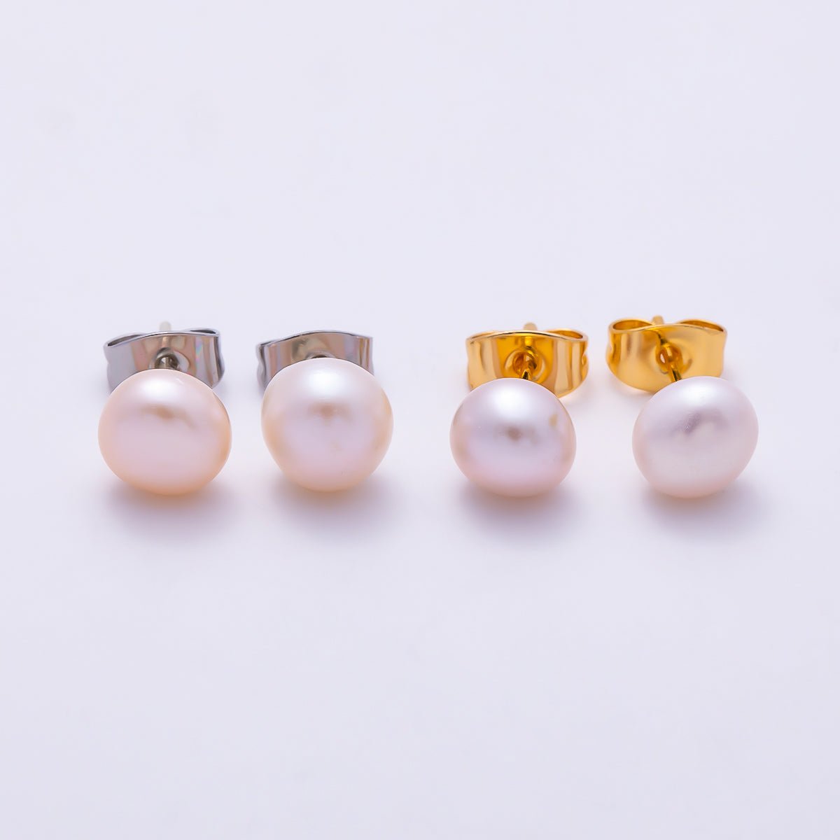 18K Gold Filled 7mm Pink Freshwater Pearl Button Stud Earrings in Gold & Silver | Earrings-00783 Earrings-00784 - DLUXCA