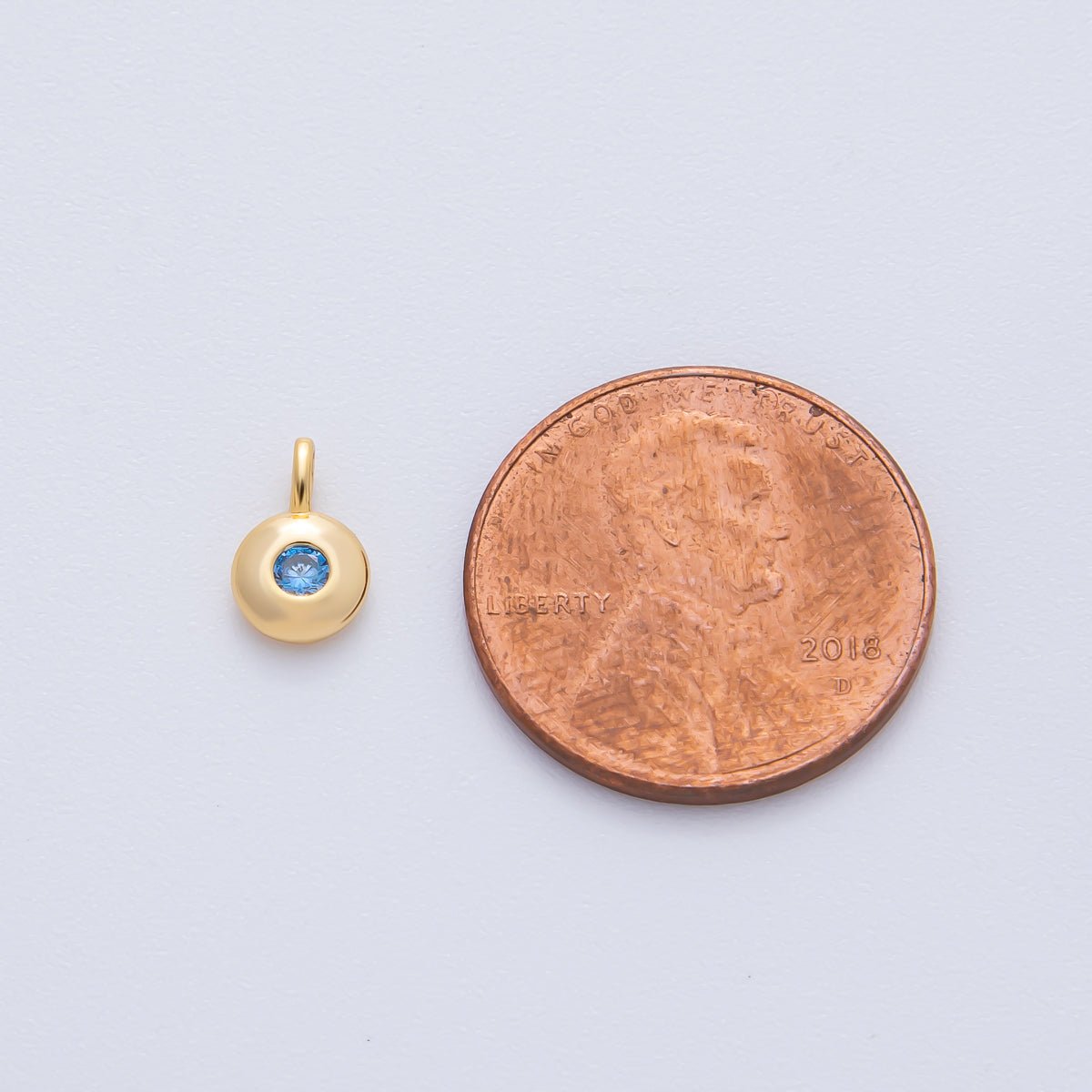 18K Gold Filled 8.5mm Brown, Red, Green CZ Round Accent Dainty Flush Setting Disc Drop Charm | AF1153 ~ AF1158 - DLUXCA