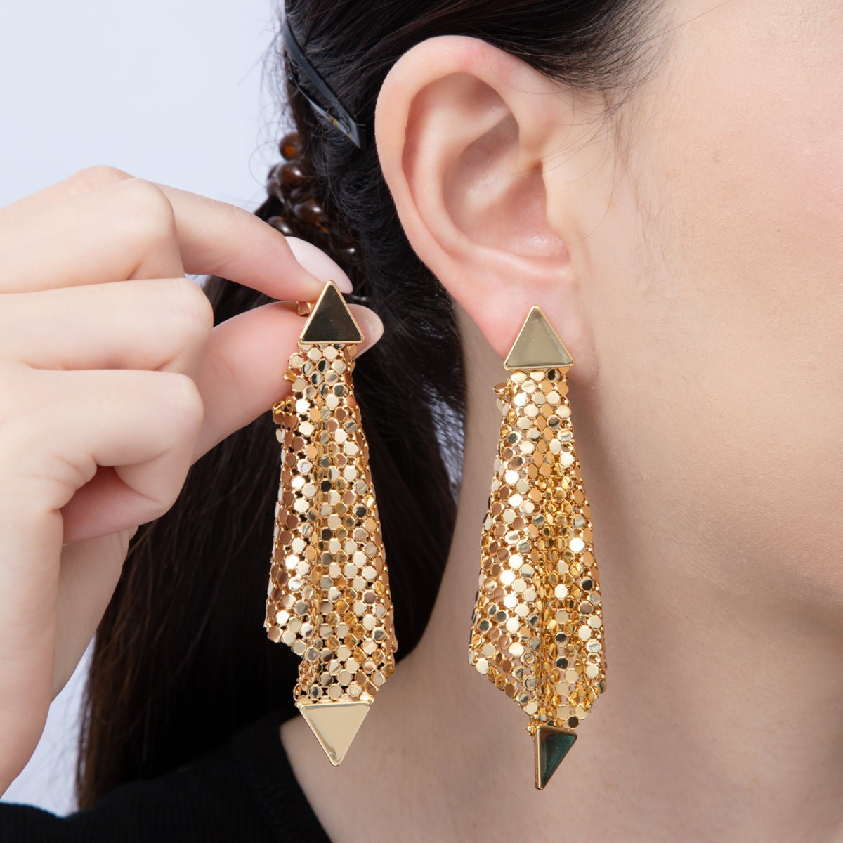 18K Gold Filled 88mm Rhombus Foil Triangle Drop Stud Earrings | Earrings - 00084 - DLUXCA