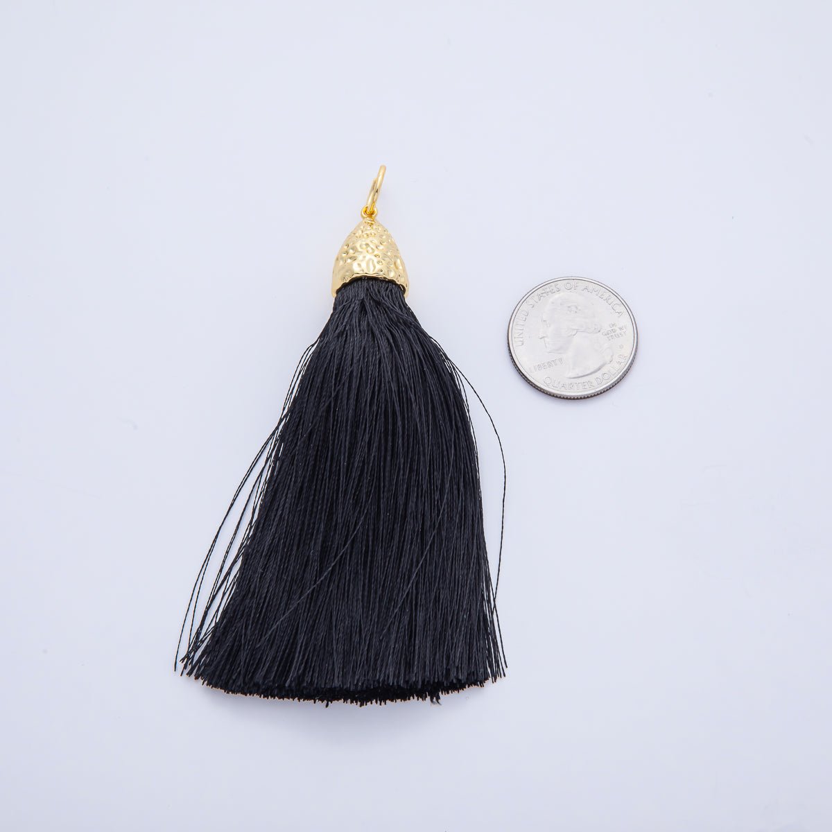18K Gold Filled 94.5mm Black Tassel Geometric Hammered Dome Pendant Fringe Jewelry | AF1486 - DLUXCA