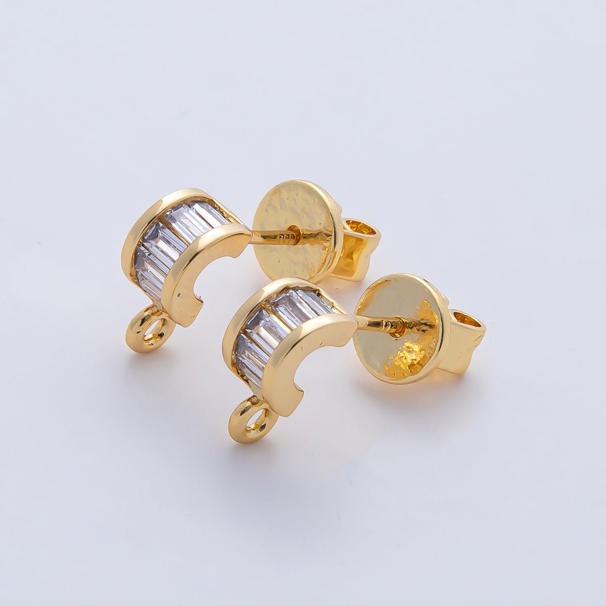 18K Gold Filled 9.5mm Clear Baguette CZ Drop C - Shaped Hoop Earring Findings in Gold & Silver | Z1638 - DLUXCA