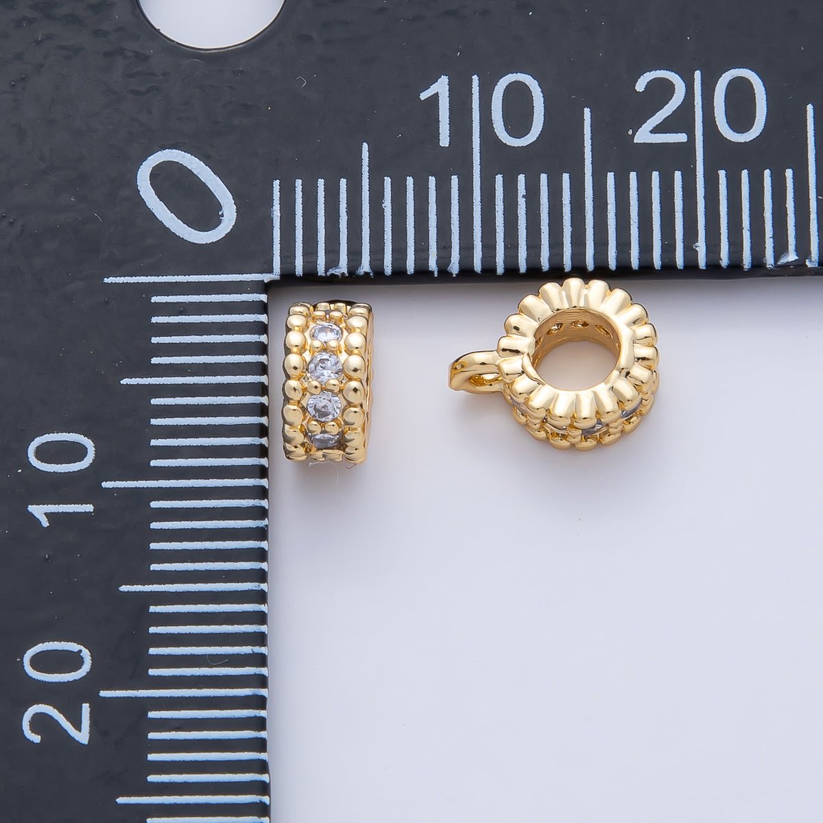 18K Gold Filled 9.5mm Clear CZ Micro Paved Dotted Rondelle Bead Bail Finding | Z1596 - DLUXCA