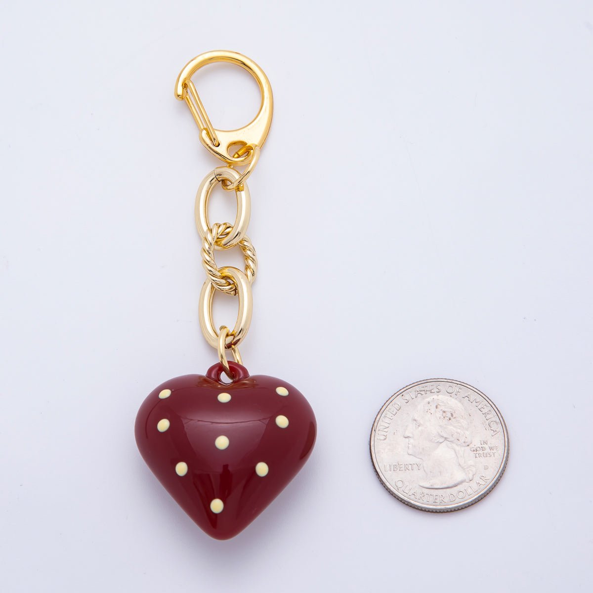 18K Gold Filled 99mm Red Polka Dotted Chubby Heart Twisted Cable Chain Drop Keychain Accessories | WB - 00127 - DLUXCA