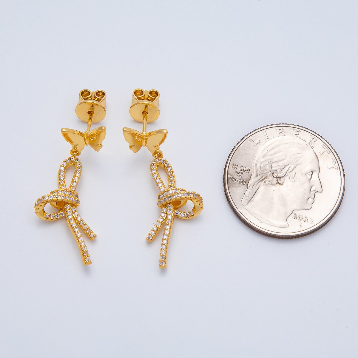 18K Gold Filled 9mm Micro Paved CZ Bow Butterfly Drop Stud | Earrings - 00223 - DLUXCA