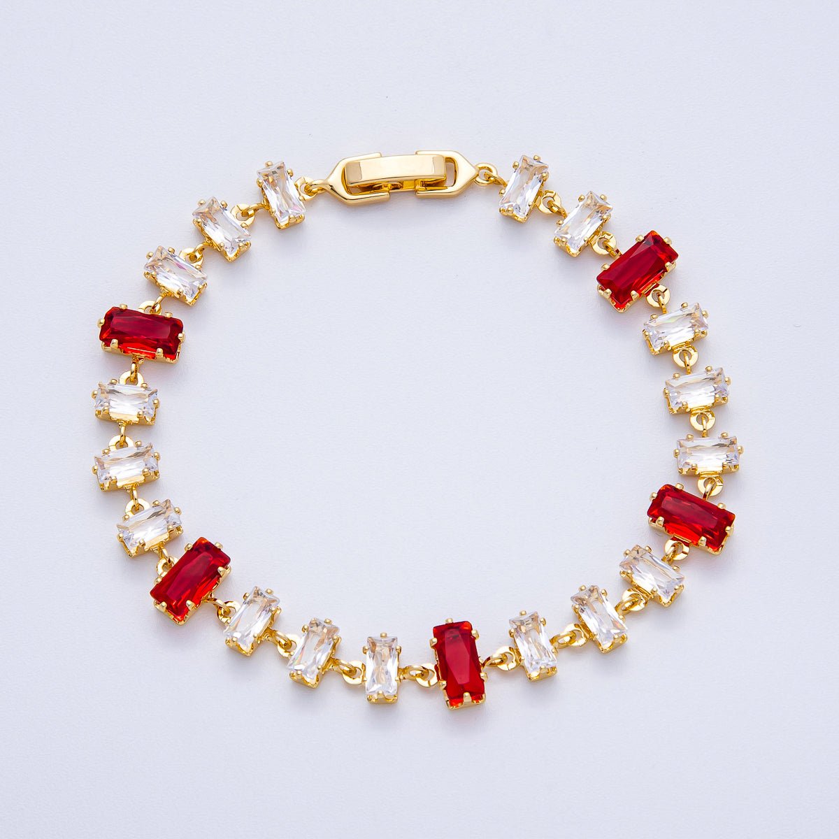 18K Gold Filled 9mm Red Clear Baguette CZ Tennis Chain 7 Inch Bracelet | WA - 04221 - DLUXCA