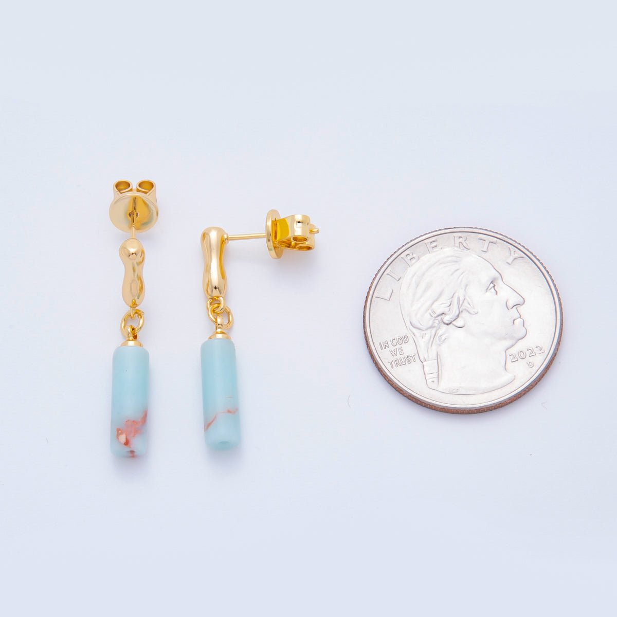 18K Gold Filled Amazonite Cylinder Molten Drip Bar Stud Earrings | AJ192 - DLUXCA