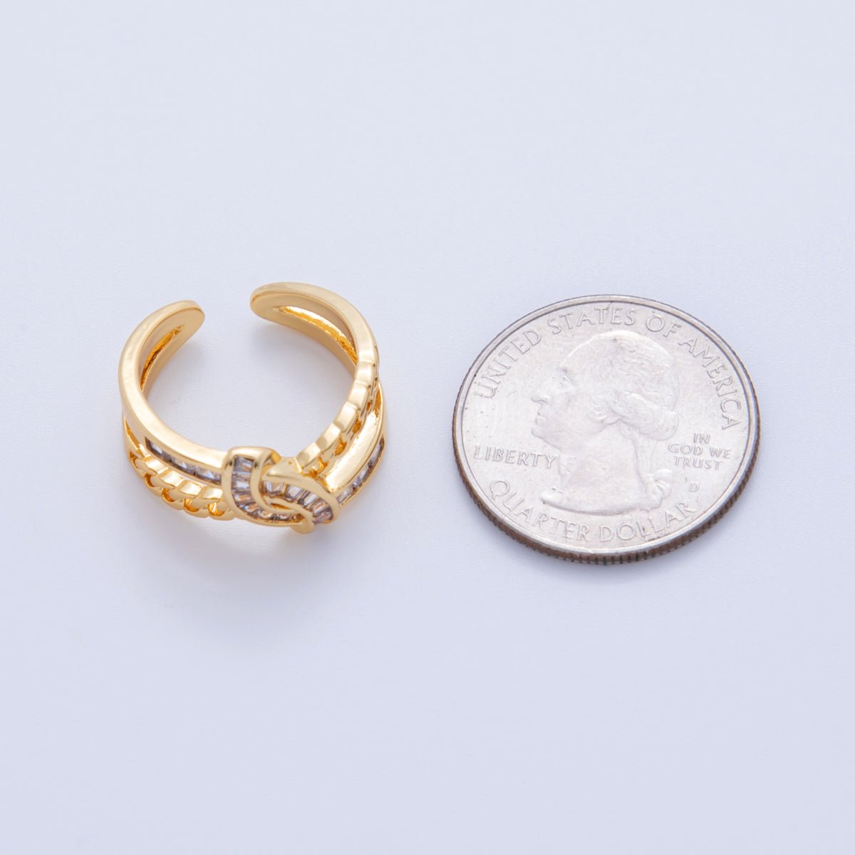 18K Gold Filled Baguette CZ Curb Chain Geometric Knot Double Band Ring | O1751 - DLUXCA