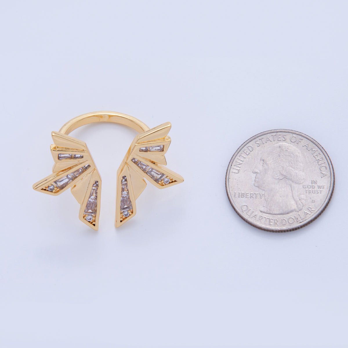 18K Gold Filled Baguette CZ Geometric Wings Burst Open Wrap Ring | O1750 - DLUXCA