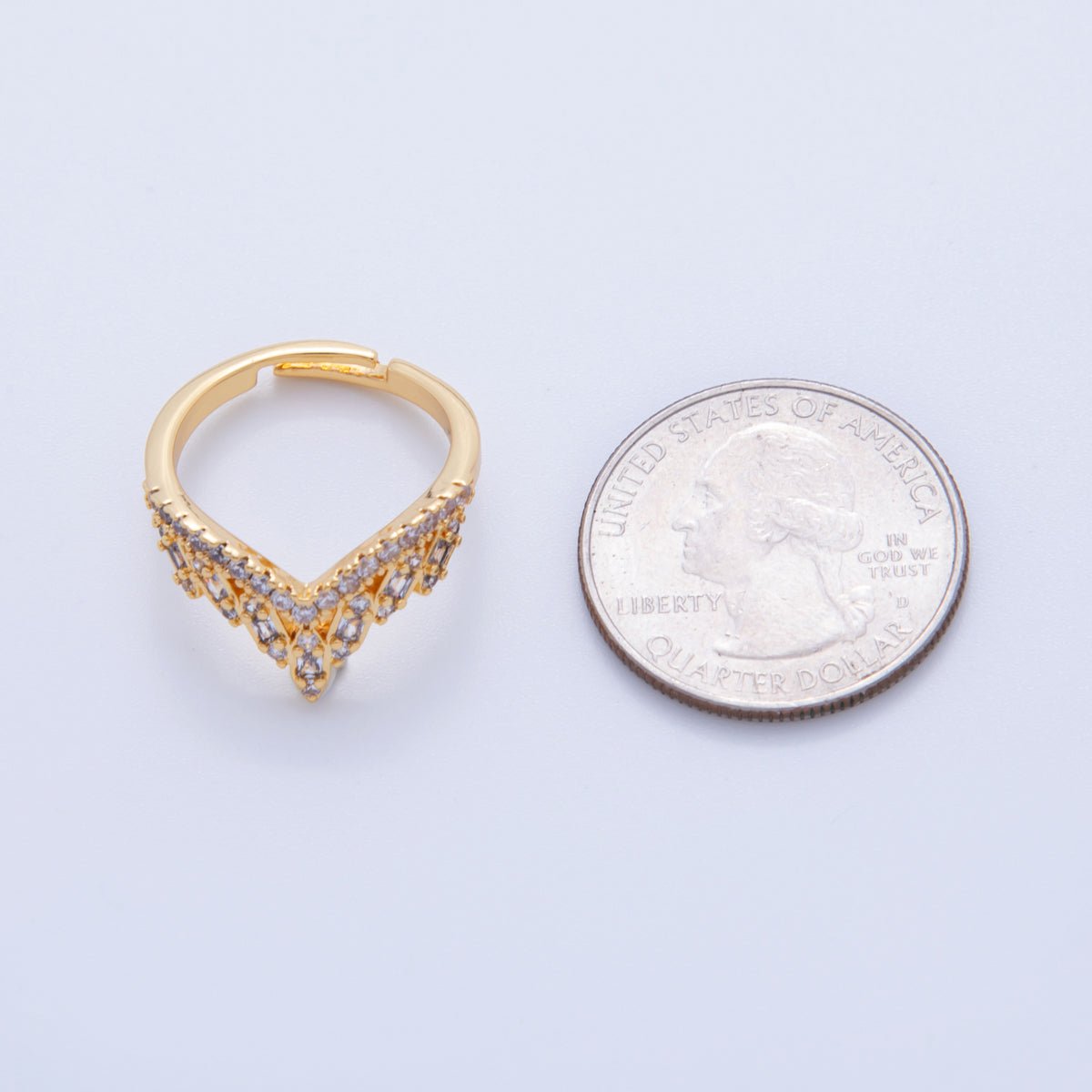 18K Gold Filled Baguette CZ Micro Paved Chevron Ring | O1733 - DLUXCA