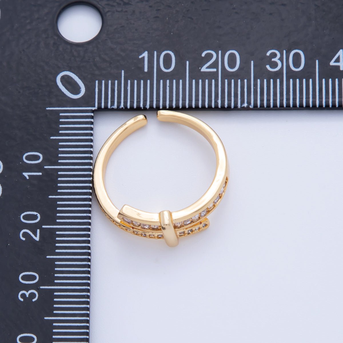 18K Gold Filled Baguette Micro Paved CZ Knot Double Bar Ring | O1726 - DLUXCA
