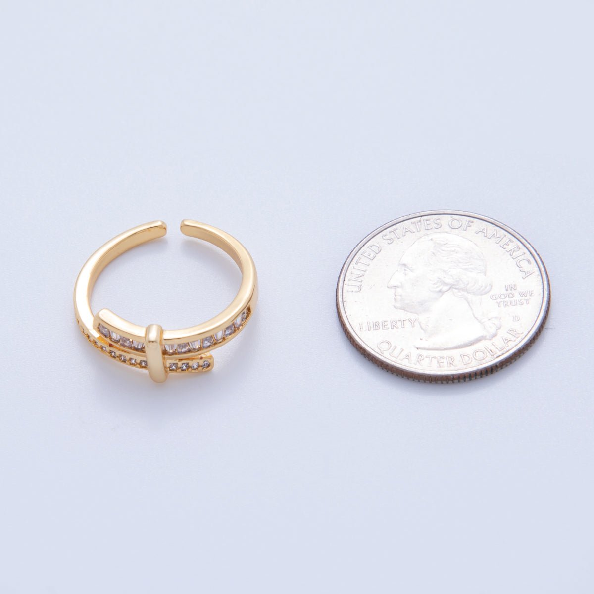 18K Gold Filled Baguette Micro Paved CZ Knot Double Bar Ring | O1726 - DLUXCA