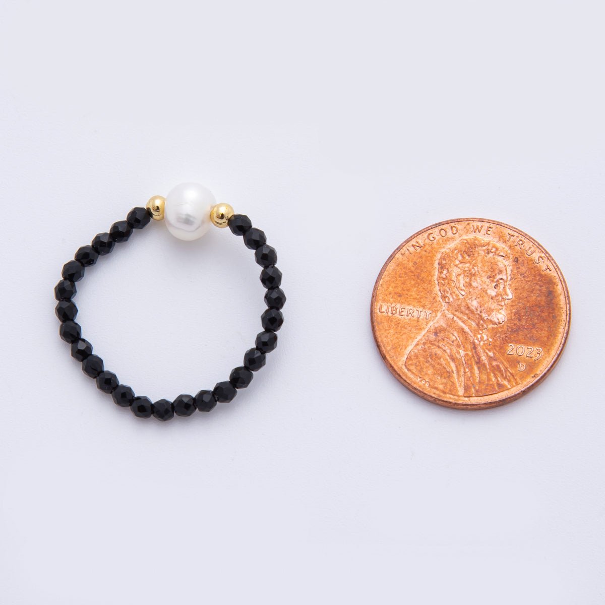 18K Gold Filled Black Onyx Gemstone Pearl Bead Stretch Ring | O043 - DLUXCA