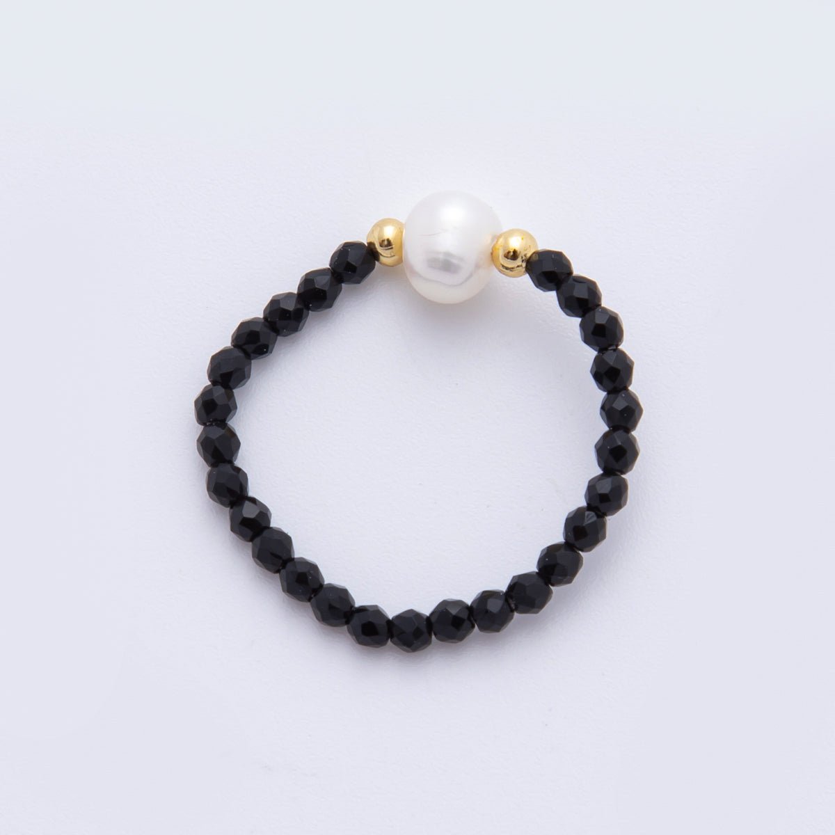 18K Gold Filled Black Onyx Gemstone Pearl Bead Stretch Ring | O043 - DLUXCA
