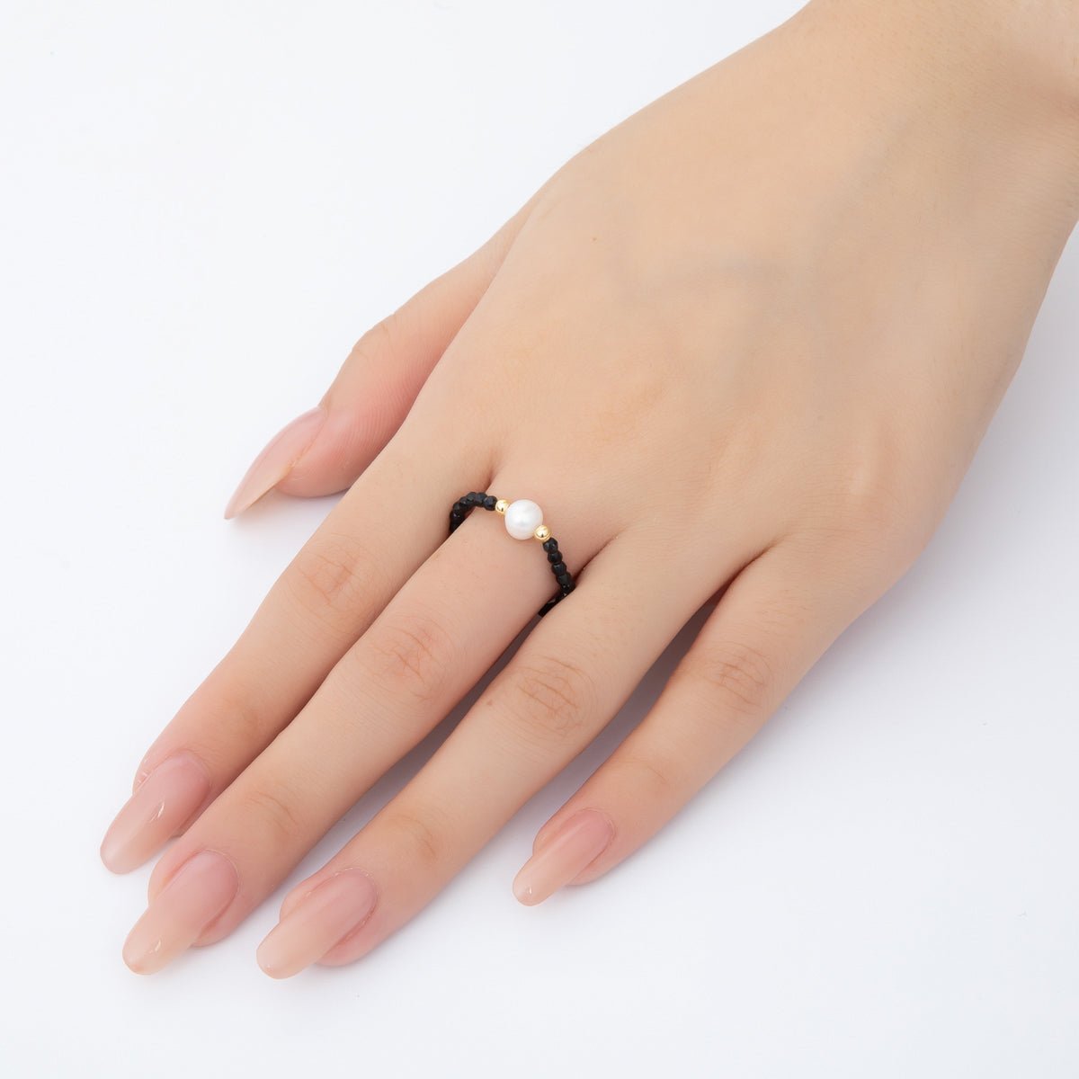 18K Gold Filled Black Onyx Gemstone Pearl Bead Stretch Ring | O043 - DLUXCA