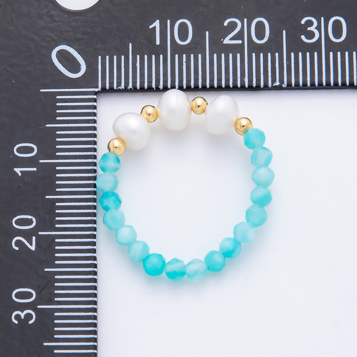 18K Gold Filled Blue Aquamarine Gemstone Pearl Bead Stretch Ring | O046 - DLUXCA