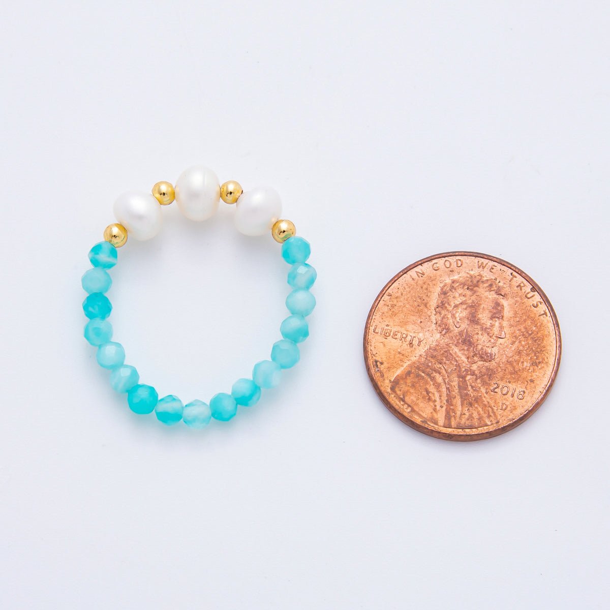 18K Gold Filled Blue Aquamarine Gemstone Pearl Bead Stretch Ring | O046 - DLUXCA