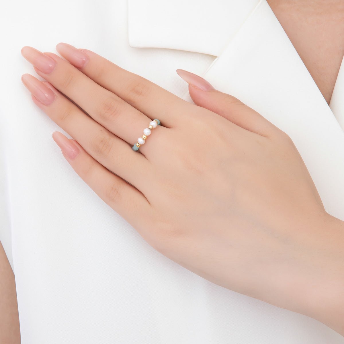 18K Gold Filled Blue Aquamarine Gemstone Pearl Bead Stretch Ring | O046 - DLUXCA
