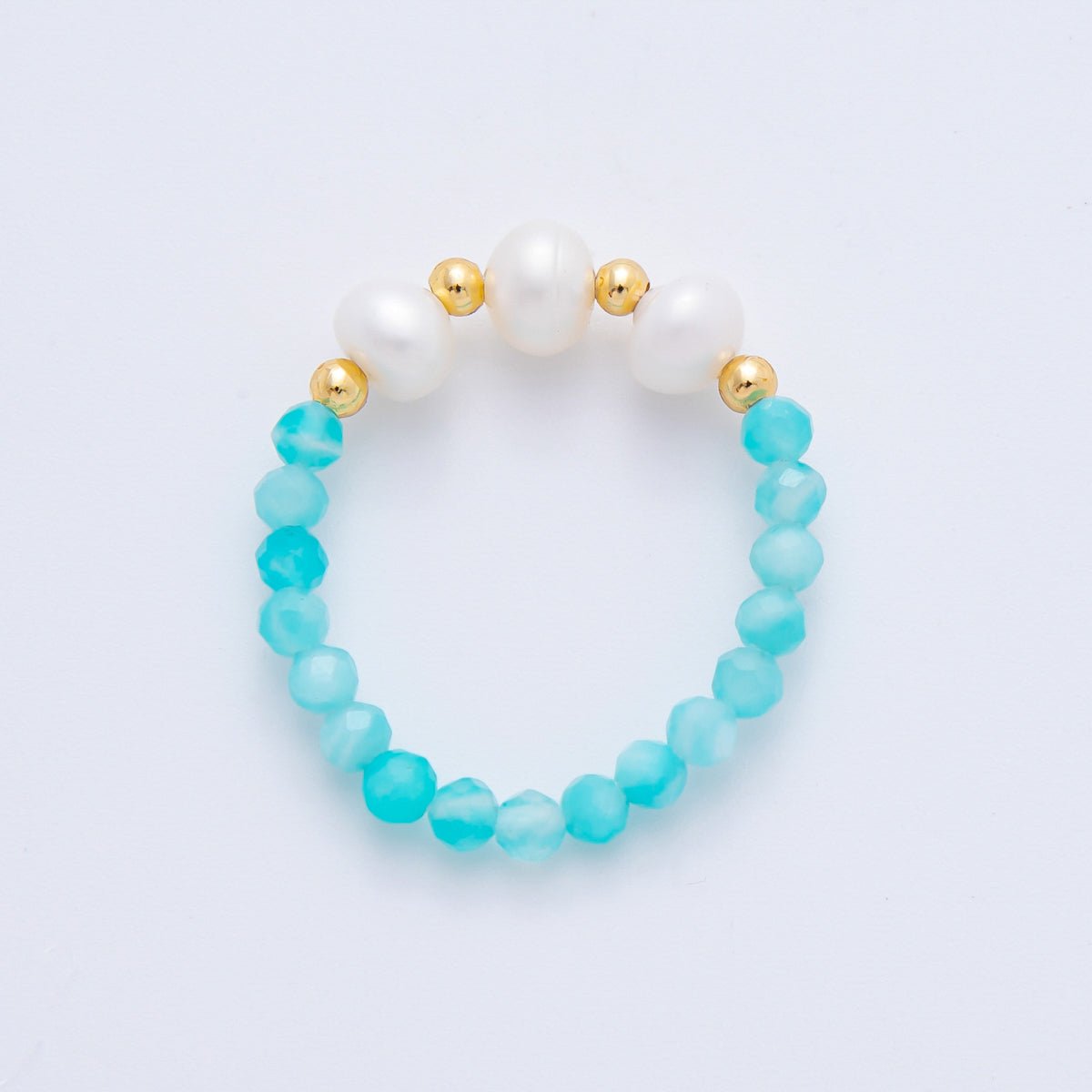 18K Gold Filled Blue Aquamarine Gemstone Pearl Bead Stretch Ring | O046 - DLUXCA