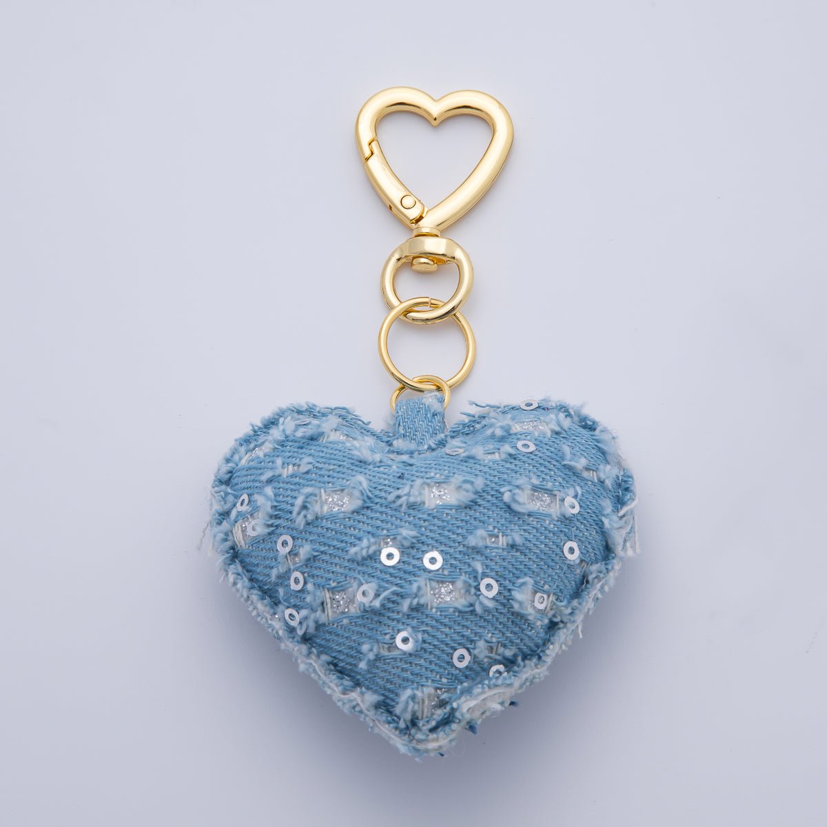 18K Gold Filled Blue Denim Puffy Heart Push Gate King Ring Keychain Accessories | AB - 00145 ~ WB - 00147 - DLUXCA