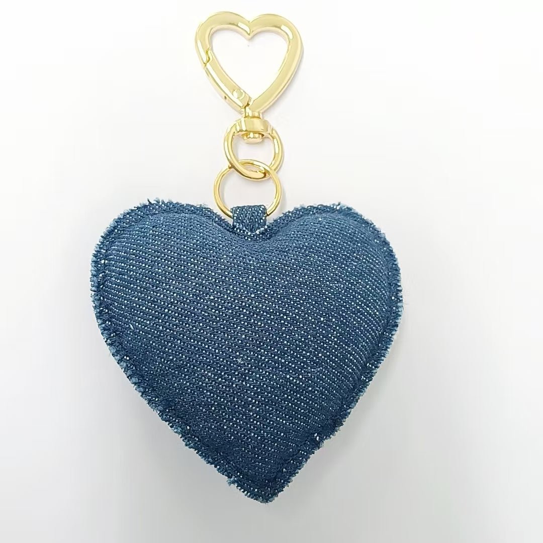 18K Gold Filled Blue Denim Puffy Heart Push Gate King Ring Keychain Accessories | AB - 00145 ~ WB - 00147 - DLUXCA